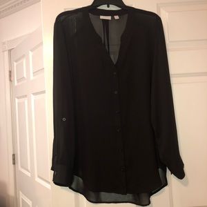 Plus Size Black Semi Sheer Chiffon Buttoned Blouse